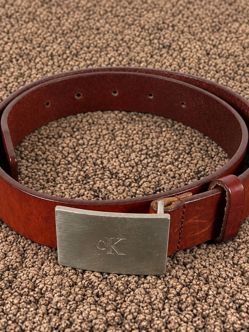 Calvin Klein Brown Leather Belt – Silver CK Buckle
